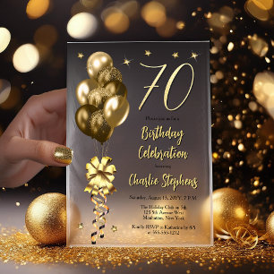 Invitations En Vélin Elégant Ballons d'or sur Black 70th Birthday Party
