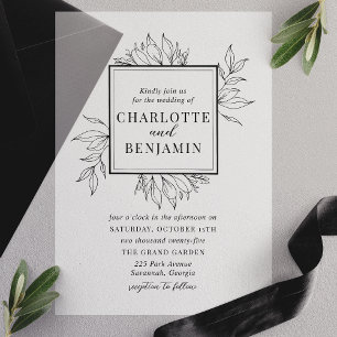 Invitations En Vélin Élégant Cadre Carré Botanique Noir pour Mariage