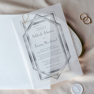 Invitations En Vélin Élégant cadre de mariage argenté blanc des années 