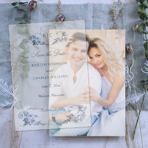 Invitations En Vélin Élégant classique Dusty Bleu Français Floral