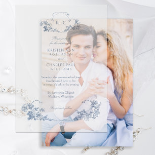 Invitations En Vélin Élégant classique Dusty Bleu Français Floral