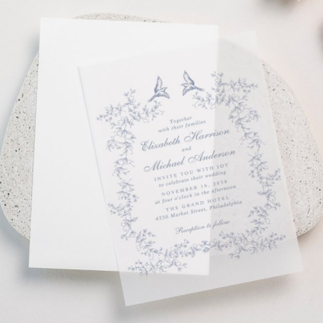 Invitations En Vélin Elégant Dusty Blue Chinoiserie Mariage d'aquarelle (Elevate your wedding invitations with the timeless beauty of vellum overlays)