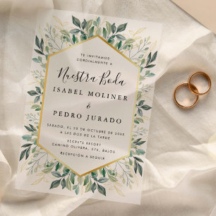Invitations En Vélin Élégant Feuilles d'or vert Nuestra Boda Mariage