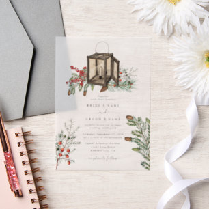 Invitations En Vélin Élégant hiver Pins rustique Mariage de lanterne