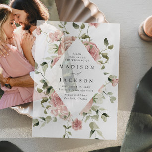 Invitations En Vélin Élégant mariage avec des roses roses et de la verd