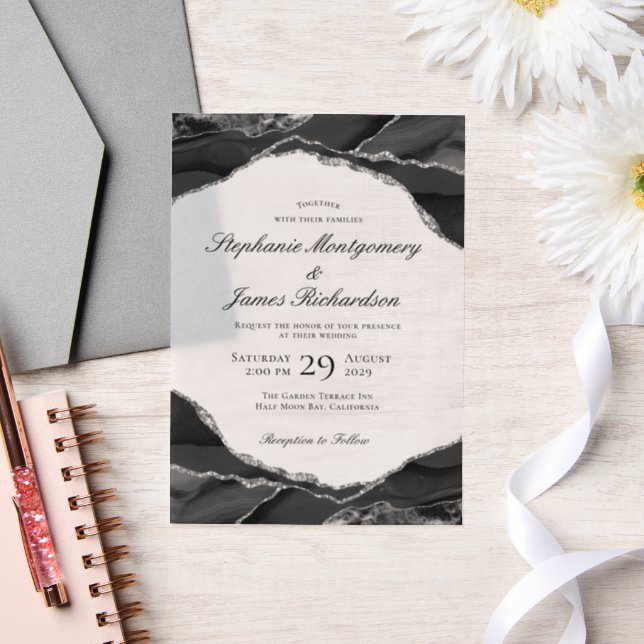 Invitations En Vélin Élégant Mariage d'agate d'huile d'argent noir (Mariage)