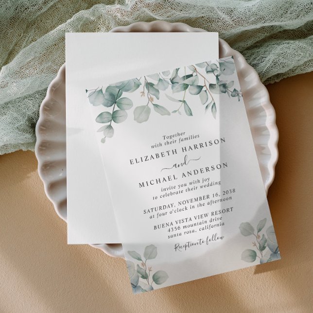 Invitations En Vélin Elégant Mariage d'aquarelle Eucalyptus (Elevate your wedding invitations with the timeless beauty of vellum overlays)