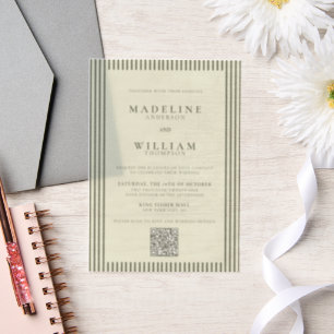 Invitations En Vélin Élégant Mariage de code Qr vert Stripped