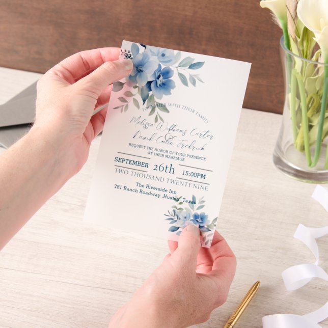 Invitations En Vélin Élégant mariage floral botanique aquarelle bleu (Ordinateur de poche)