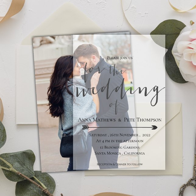 Invitations En Vélin Élégant Mariage Vellum de superposition de script  (Elegant Modern Script Cute Typography Wedding Vellum Invitations)