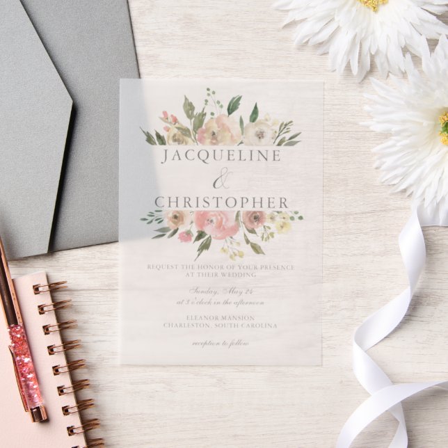 Invitations En Vélin Élégant Noir rose rose Peony Floral Printemps Mari (Mariage)