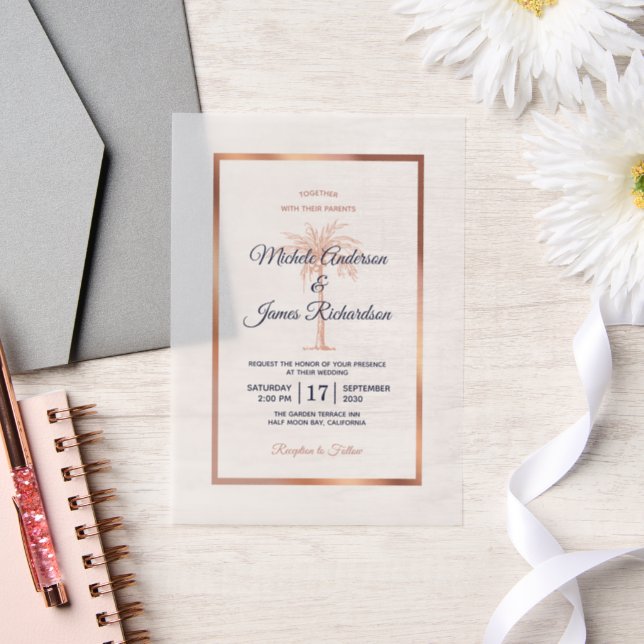Invitations En Vélin Elégant Rose de la Marine Tropical Gold Palm Tree  (Mariage)