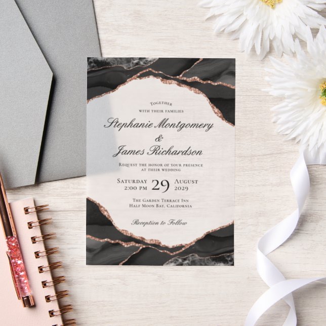 Invitations En Vélin Élégant Rose Mariage d'agate d'huile or (Mariage)