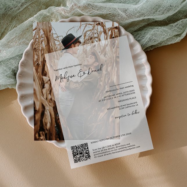 Invitations En Vélin Élégant Script QR Code Moderne Mariage chic (Elegant Script QR Code Modern Chic Wedding Vellum Invitations)