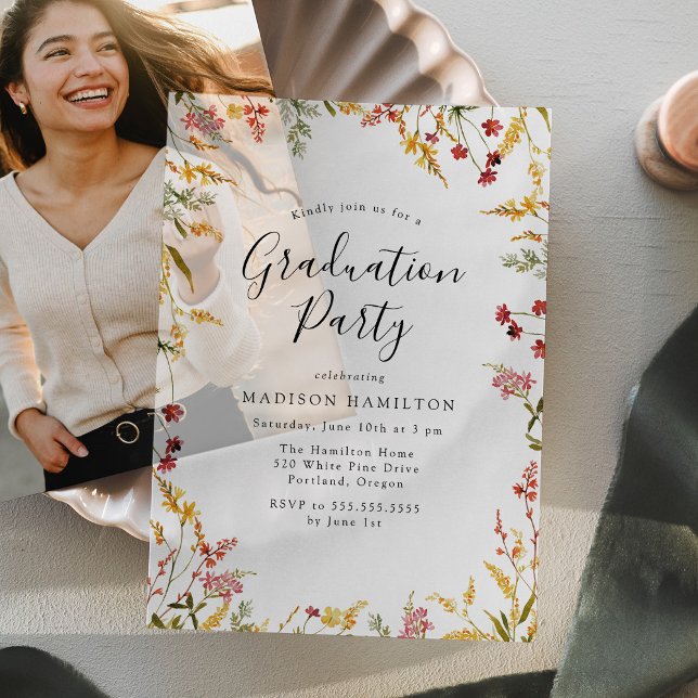 Invitations En Vélin Élégante fête de graduation florale rouge et jaune (Créateur téléchargé)