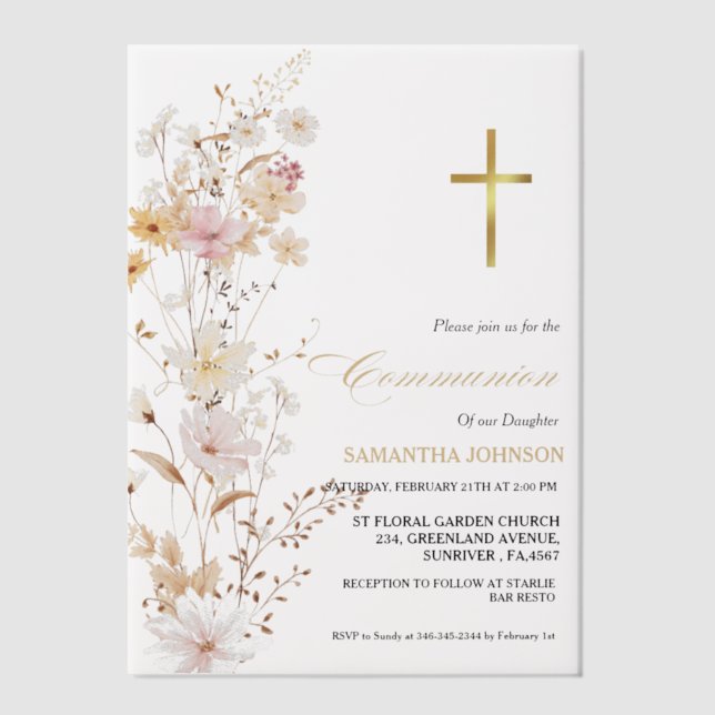 Invitations En Vélin Élégante fille Fleur sauvage première sainte commu (Recto)