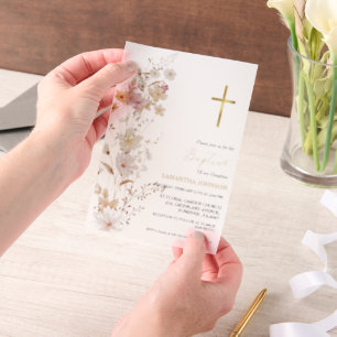 Invitations En Vélin Élégante Fleur sauvage Baptême Baptême Christening