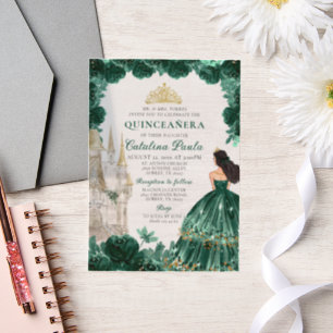 Invitations En Vélin Emerald Green Gold Tiara Princess Quinceañera