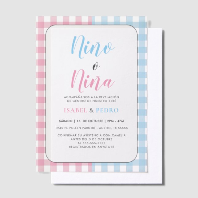 Invitations En Vélin en vichy Classic Nino o Nina Spanish Gender Revela (Compenser)