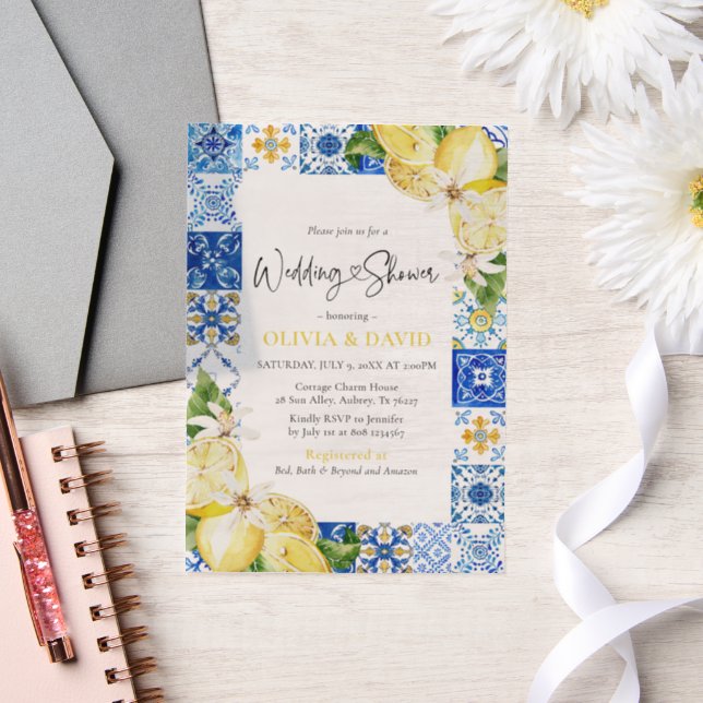 Invitations En Vélin Eté Carreaux bleus Citrons Wedding shower italien (Mariage)