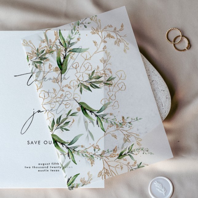 Invitations En Vélin Eucalyptus d'or moderne Revêtement de surface (Créateur téléchargé)
