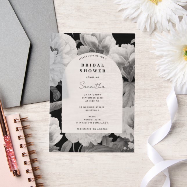 Invitations En Vélin Fête des mariées d'aquarelle Black White Peonies (Mariage)
