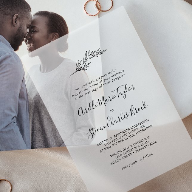 Invitations En Vélin Feuille minimale Mariage traditionnel simple de ve (Minimal Leaf Traditional Simple Greenery Wedding Vellum Invitations)