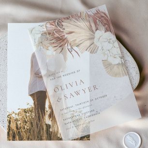 Invitations En Vélin Feuilles de palmier séchées et orchidées blanches 