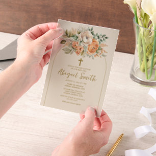 Invitations En Vélin Fleur dorée de baptême de l'eau de pêche crème flo