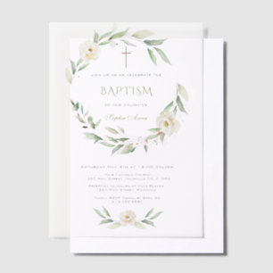 Invitations En Vélin Fleurs blanches dorées Croix Baptême