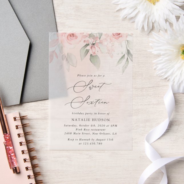 Invitations En Vélin Fleurs blanches, Fleurs roses, Boho, Sweet 16 (Mariage)