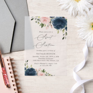 Invitations En Vélin Fleurs Bleues Marine, Fleurs Roses, Boho, Sweet 16
