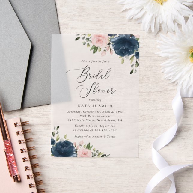 Invitations En Vélin Fleurs Bleues Marine, Fleurs Roses, Fête des marié (Mariage)