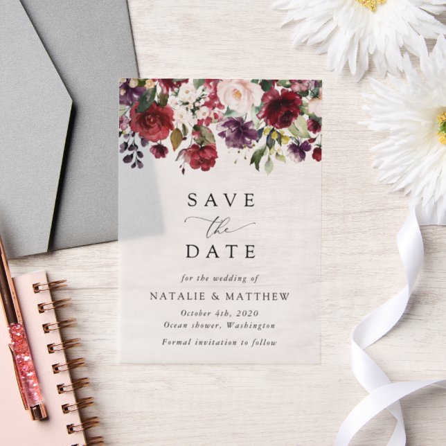 Invitations En Vélin Fleurs Bourgogne, Fleurs roses, Verdure, Mariage (Mariage)