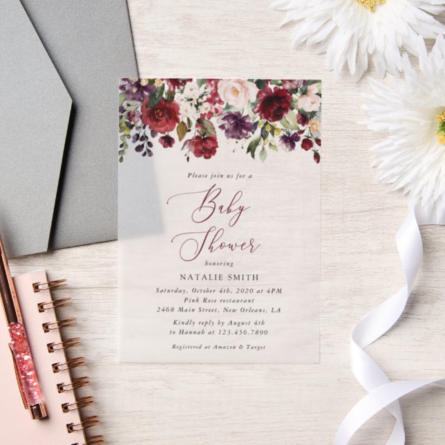 Invitations En Vélin Fleurs Bourgognes, Fleurs Roses, Boho, Baby shower (Mariage)