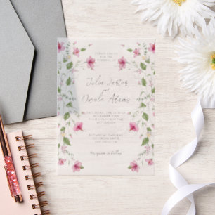 Invitations En Vélin Fleurs d'Hibiscus Roses Bleu Marine Poussiéreux Ma
