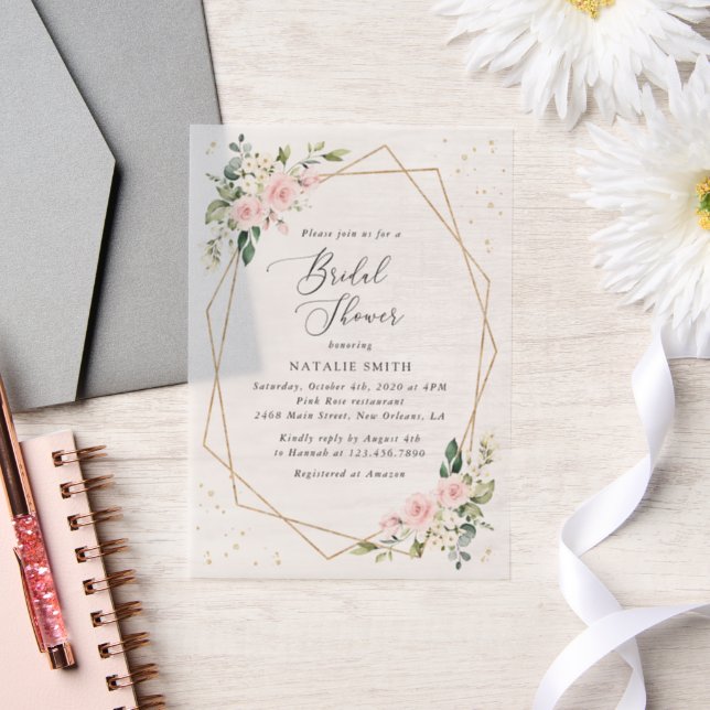 Invitations En Vélin Fleurs roses, Fleurs blanches, Boho, Fête des mari (Mariage)