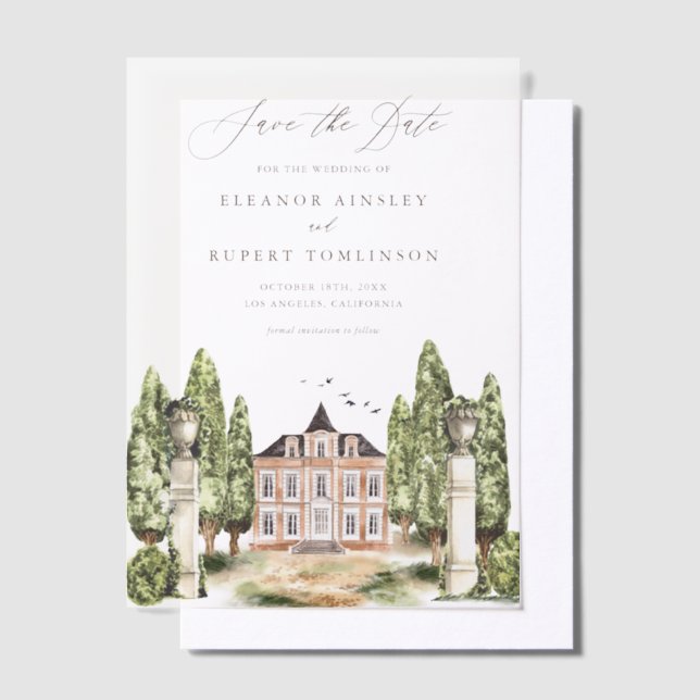 Invitations En Vélin Fleurs vertes et blanches Gris Sauvez la date (Compenser)