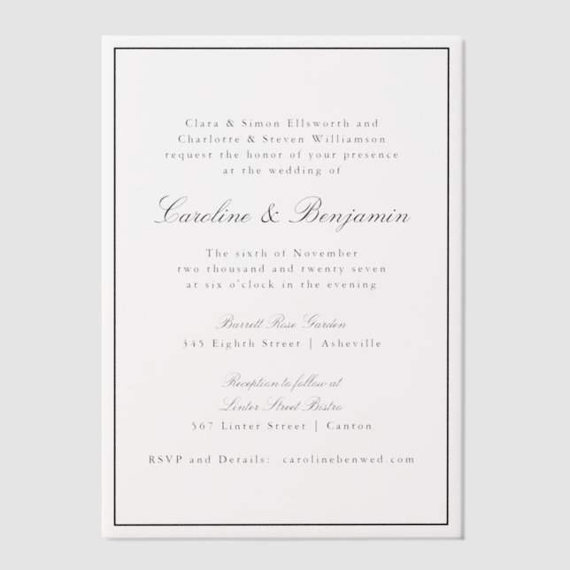 Invitations En Vélin Formal Classic Bordure Script élégant Mariage RSVP (Recto)