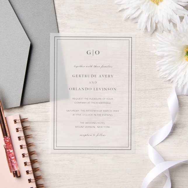 Invitations En Vélin Gertrude Noir et Blanc Classique Mariage élégant (Mariage)