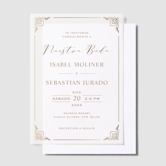 Invitations En Vélin Gold Frame Motif Nuestra Boda Mariage espagnol (Compenser)