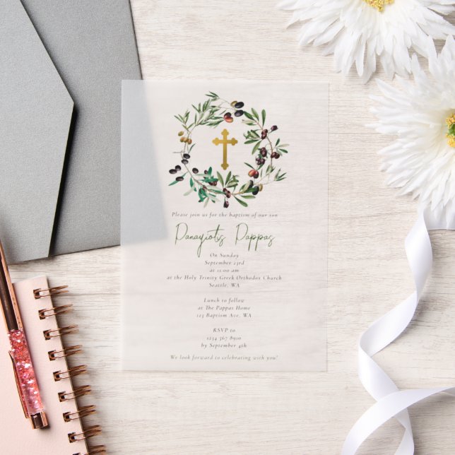 Invitations En Vélin Grec Orthodoxe baptême Baptême Olives Verdure (Mariage)