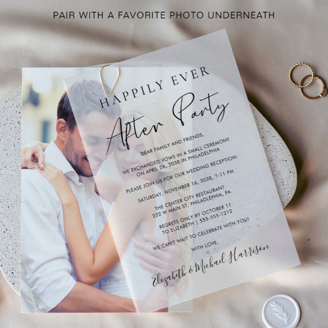 Invitations En Vélin Heureusement Jamais Après La Réception De Mariage  (Elevate your wedding reception invitations with the timeless beauty of vellum overlays)