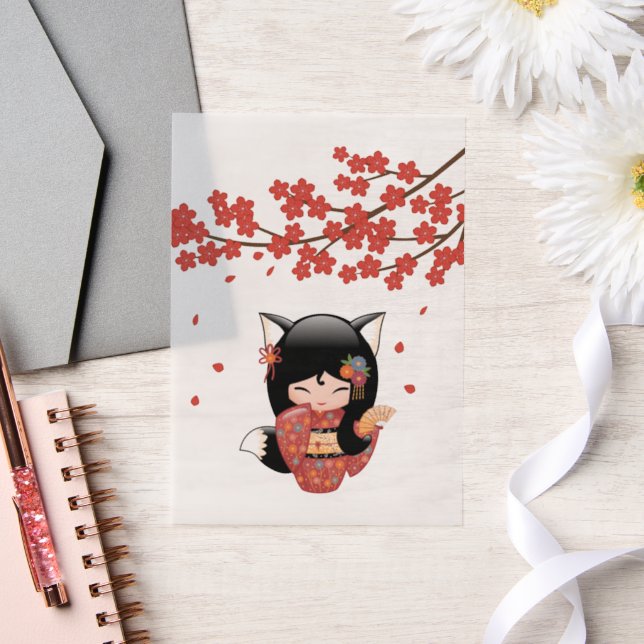Invitations En Vélin Kitsune Kokeshi Doll Black Fox Geisha Red Insert (Mariage)
