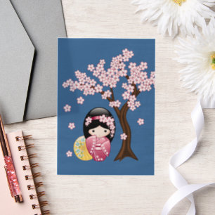 Invitations En Vélin Kokeshi Cute japonais Geisha Blue Insertion