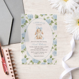 Invitations En Vélin Lapin Mignon, Nœud Bleu, Fleurs Bleues, Baby Showe