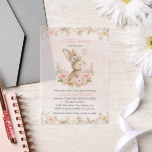 Invitations En Vélin Lapin Mignon, Papillon, Fleurs Roses, Baby Shower