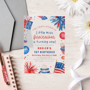 Invitations En Vélin Little Miss Firecracker 4 juillet 1er anniversaire