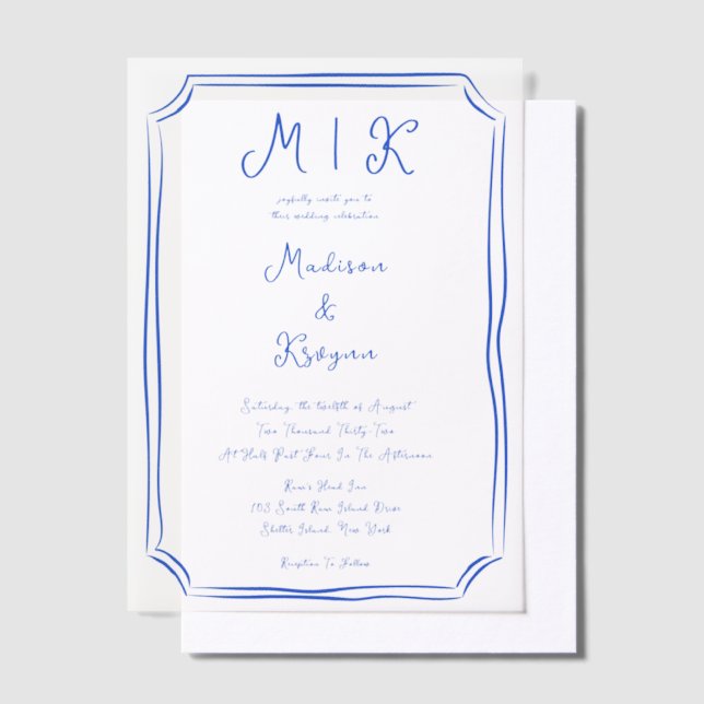 Invitations En Vélin Main dessinée Whimsical Blue Mariage français (Compenser)