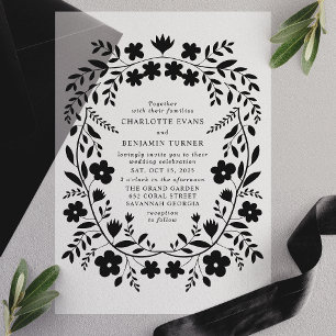Invitations En Vélin Mariage à cadre floral d'art populaire noir 
